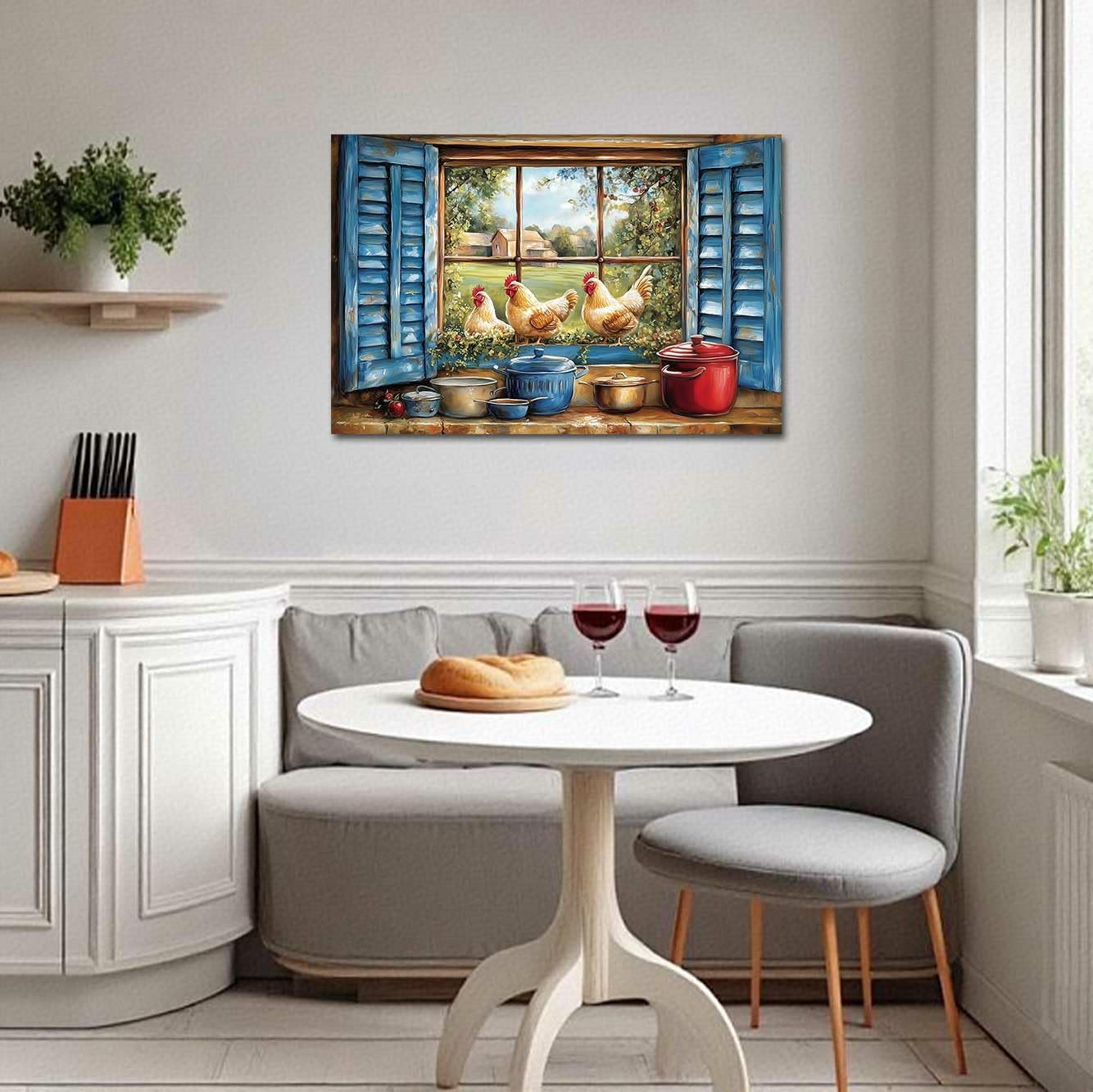 LZIMU Rooster Kitchen Wall Art Chicken Picture Cock in Blue Window Painting Poster Country Farm Coop Canvas Prints Rustic Farmhouse Vintage Animals Artwork Home Decor (16L x 24W)