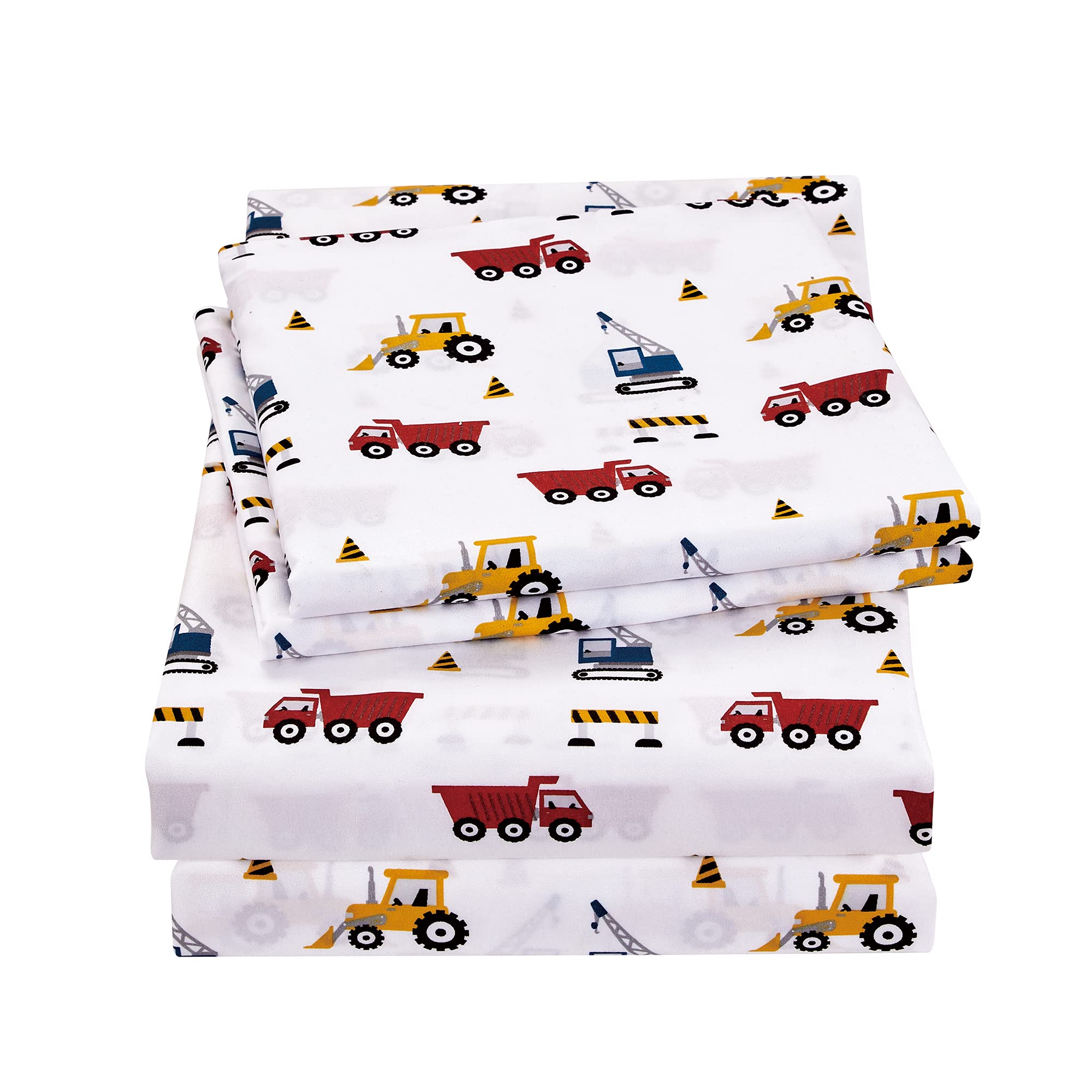Viviland 3 Pieces Boys White Twin Sheet Set - Soft Microfiber Fitted Flat Sheets & Pillowcase Bed Sheet Set- Red Excavator Construction Tractor Truck Bedding Sets - for Kids & Toddlers