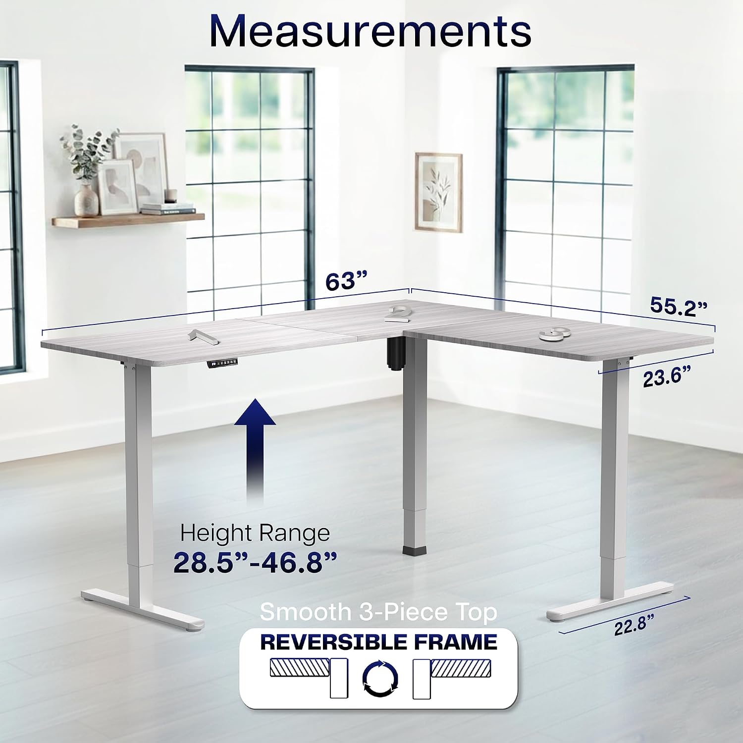  Dark Gray 63 x 55 in Corner Standing Desk, DESK-E3CTGG | Electric, Holds 225 lbs, Reversible L-Shaped Table, Sit Stand, Height Adjustable, Memory Presets, Gray Frame thumbnail