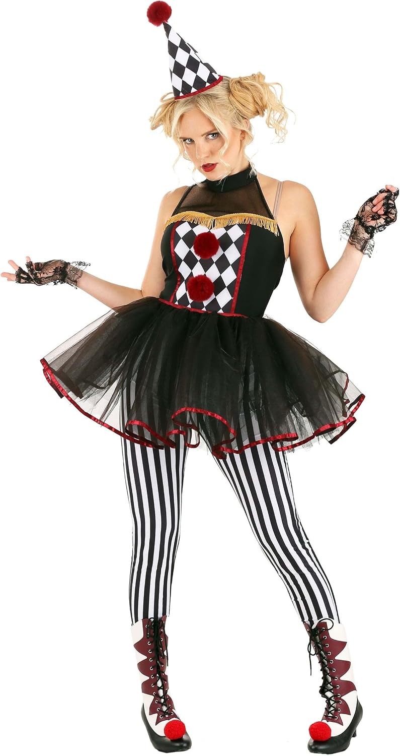 Women's Twisted Harlequin Clown Costume Dress - Creepy Clown Leotard w/Leggings & Hat, Jester Costume for Women