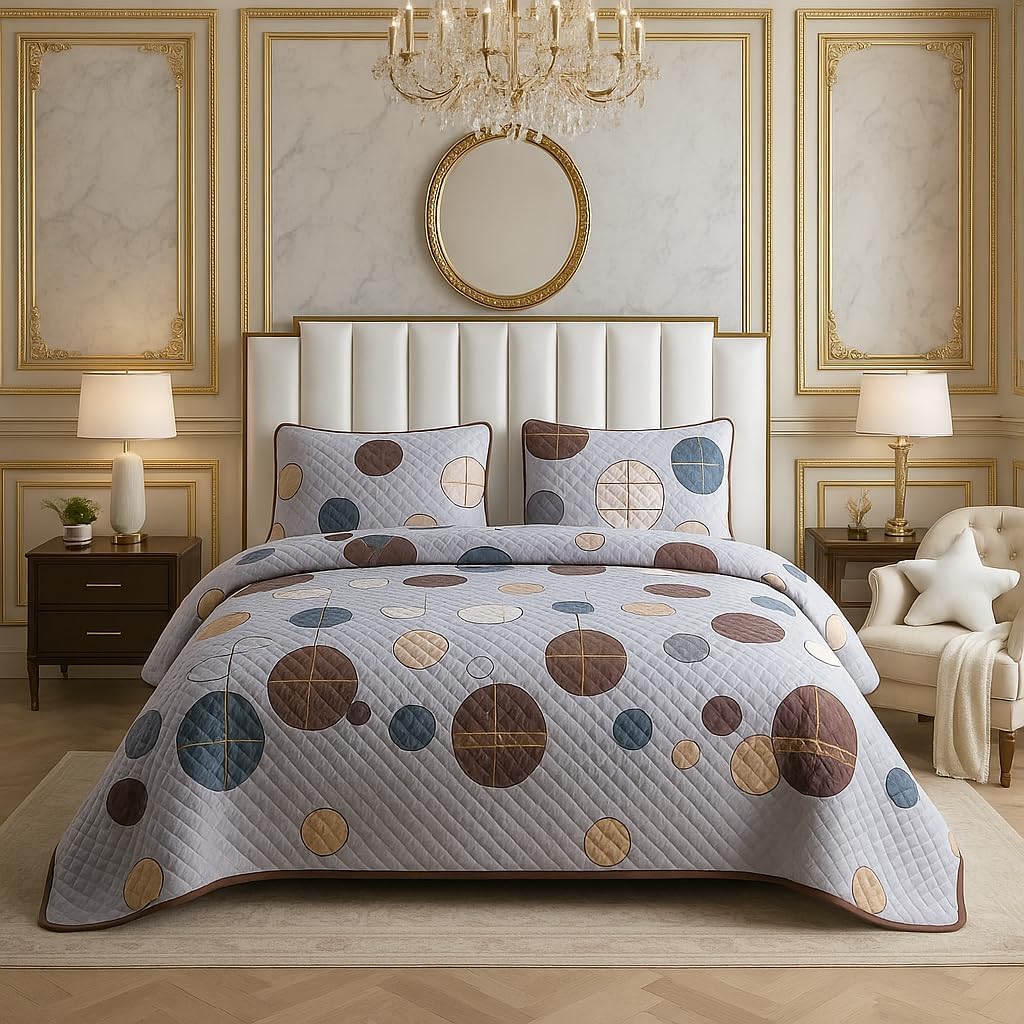 DBOZE Reversible Cotton Blend 3-Piece Embroidery Pattern Elegant Bedding Quilt Set with Embroidered Decorative Shams Soft Bedspread & Coverlet Set (Brown/White, Queen)