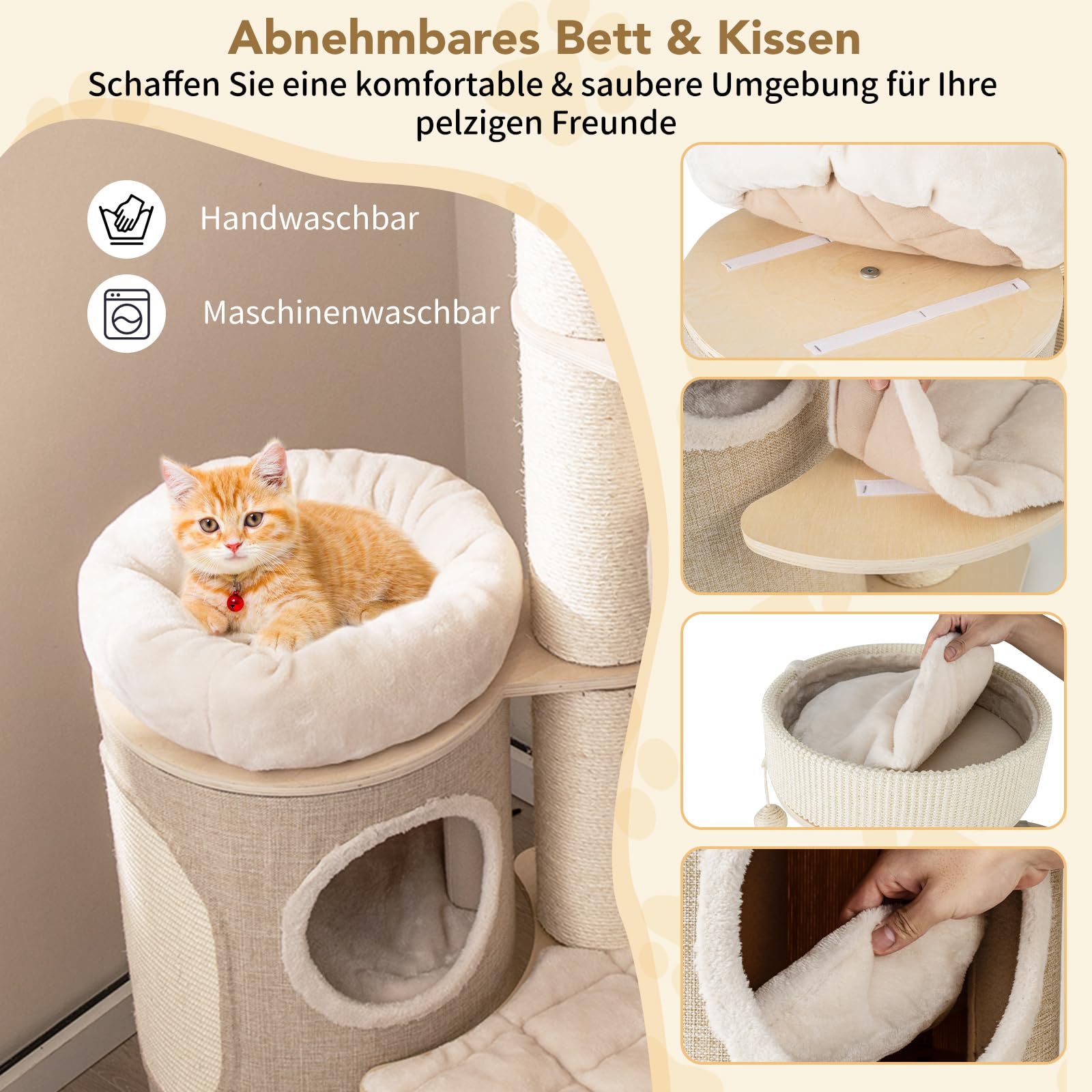 COSTWAY Kratzbaum, Katzenbaum mit 2-stöckiger Kratztonne, Hängematte, abnehmbarem Bett, Sisalbrett, Spielball, Katzenkratzbaum Katzen Katzenmöbel, Kletterbaum Aktivitätsbaum, Beige+Natur