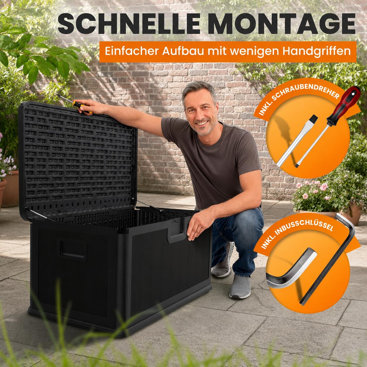 Naturiz® Gartenbox wasserdicht & stabil 375L - Aufbewahrungsbox XXL - Gartenkiste wetterfest - Auflagenbox, Kissenbox, Paketbox, Gartentruhe, Outdoor Box, Garten Box, schwarz (375L)