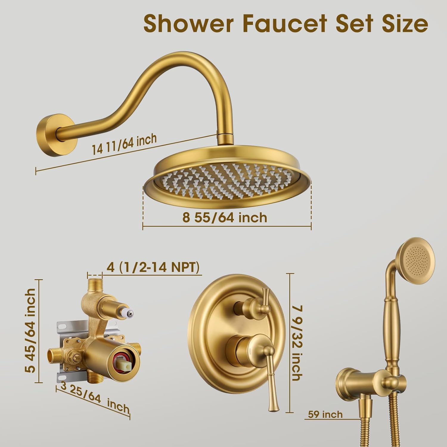 Rain Shower Head with Handheld Spray, Rainfall Shower System with Rough-in Valve, Luxury Shower Trim Kit Wall Mount, Brushed Gold - Image 8