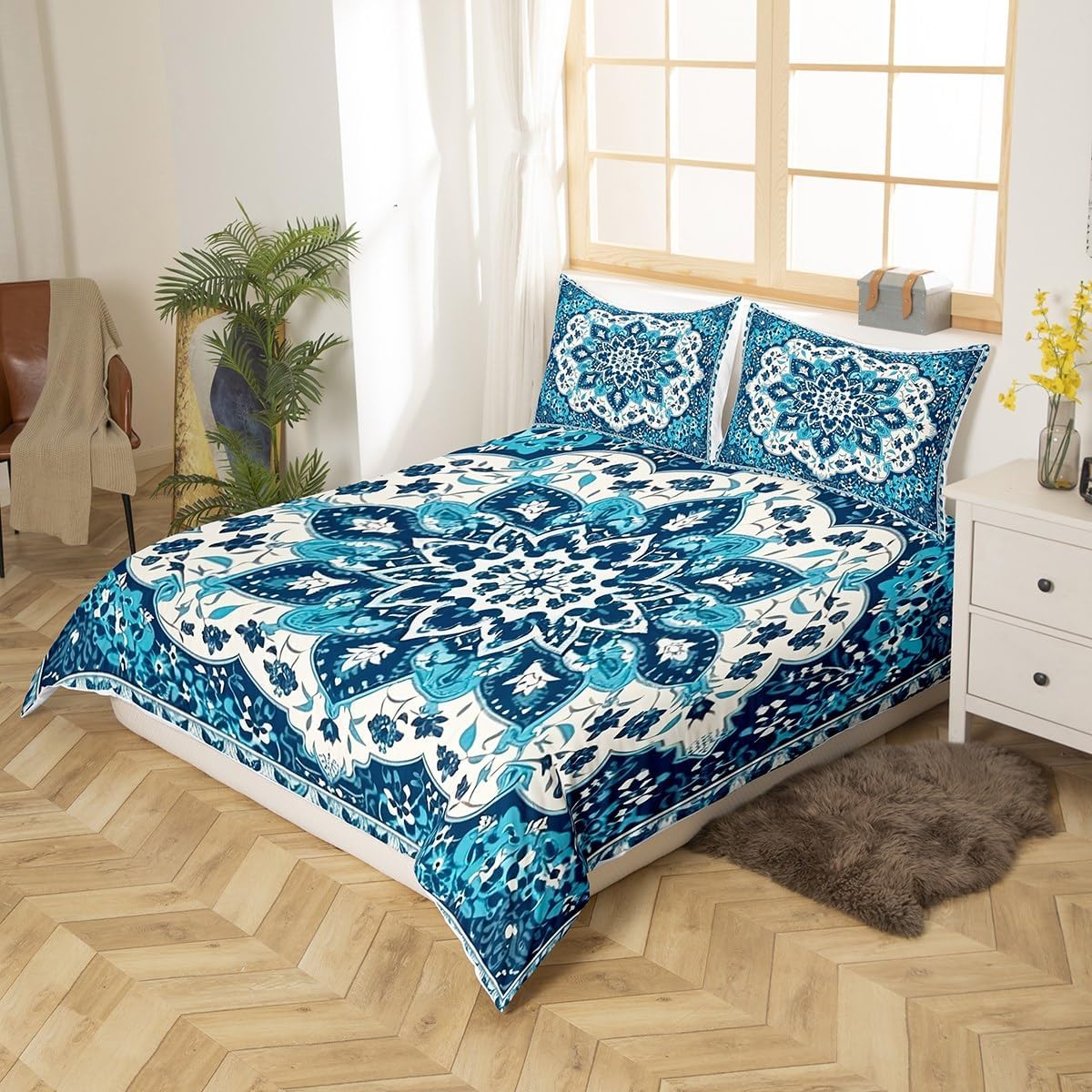 Erosebridal Vintage Bedding Sets King Art Deco Comforter Cover, Blue Oriental Medallion Bed Sets Boho Turkish Duvet Cover, Himalayas Bohemian Quilt Cover Microfiber Cozy Decoratives 3 Pieces