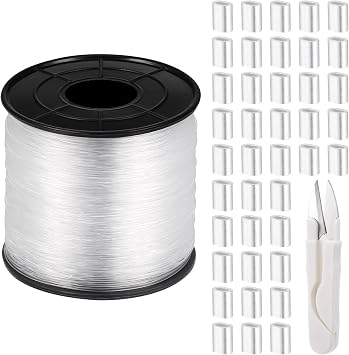 Zocipro Strong Clear Invisible Hanging Wire, 0.6/0.8mm 656 Feet Nylon Monofilament Fishing Wire with 120 Aluminum Crimping Sleeves & Scissors, Clear Fishing Line for Hanging Decorations
