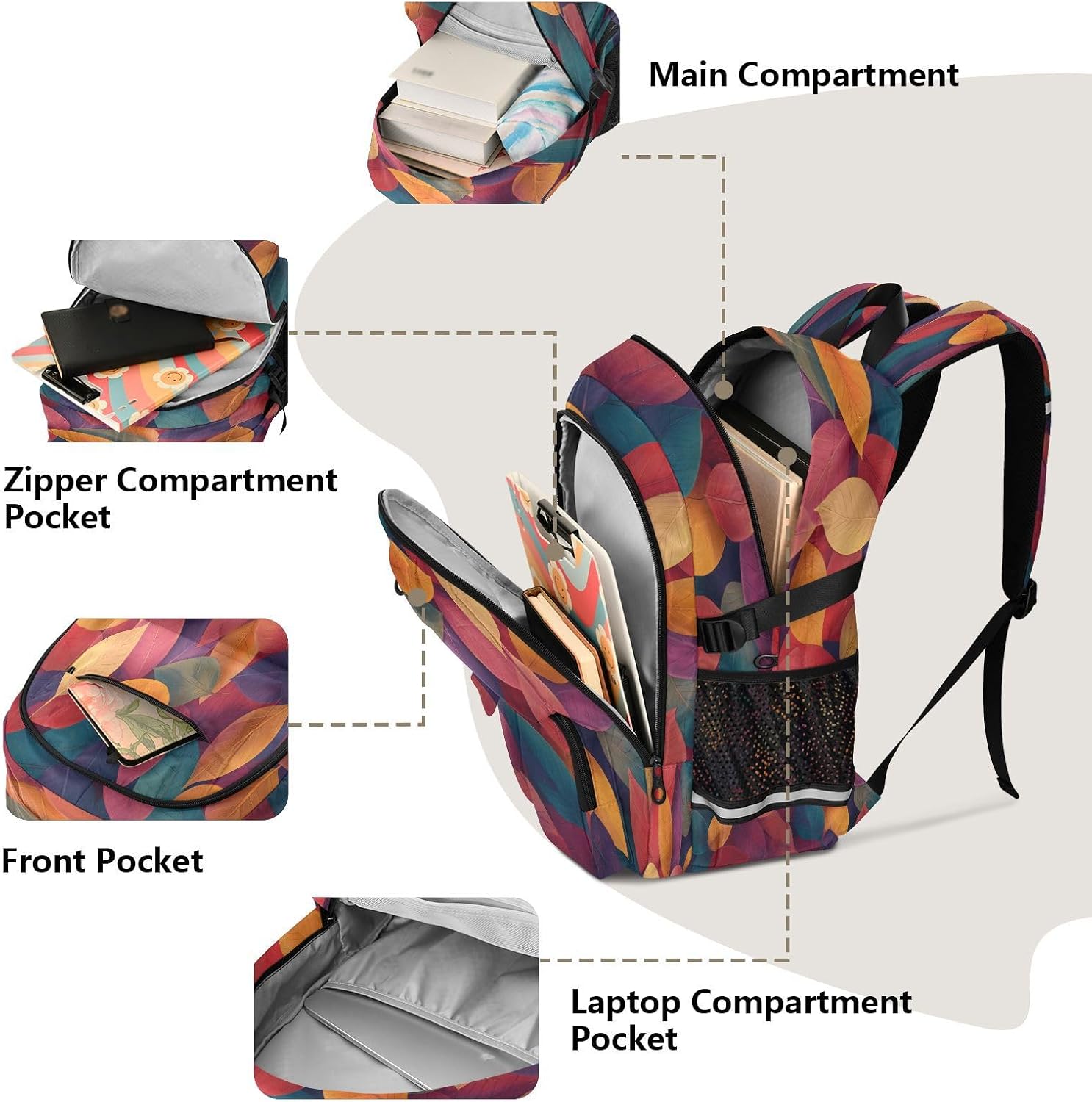 Student Laptop Backpack, Colorful Autumn Leaves Fall 30L Travel Daypack for Teens College, Casual School Shoulder Bag for Women Men Boys Girls, Fits 14 inch Laptop image 5