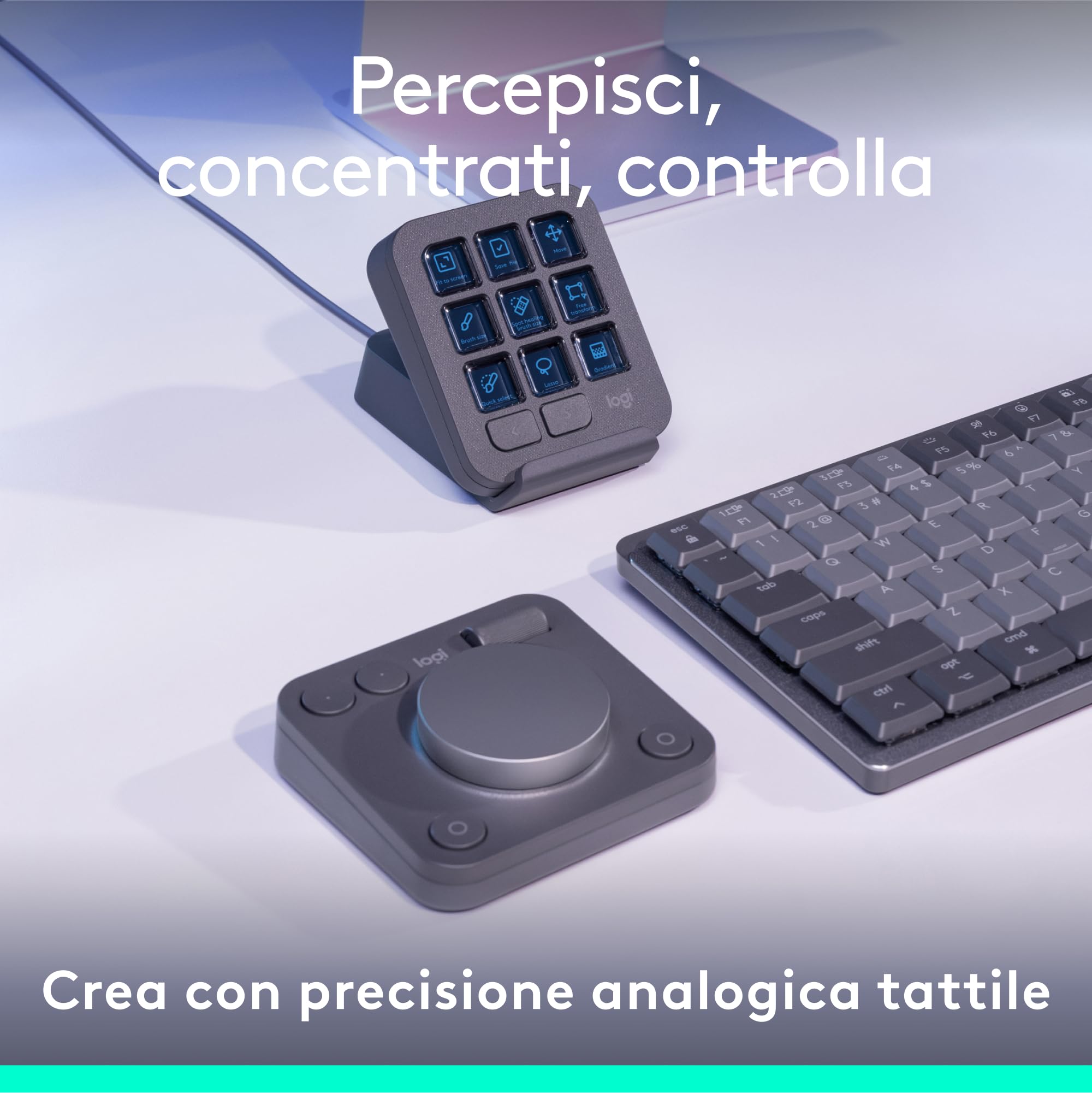 Logitech MX Creative Console, keypad programmabile con 9 tasti LCD personalizzabili e manopola di controllo per progettazione grafica, montaggio video, fotografia, per Adobe, Zoom, Spotify - Grafite