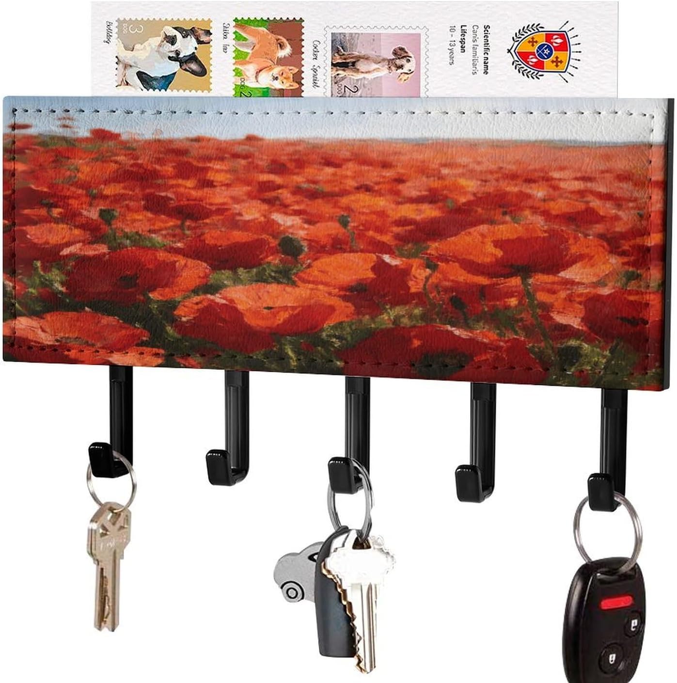 Key Holder Wall Mount Key Hanger with 5 Hooks, Decorative Key Rack | Red Poppy Hanging Key Hooks with Mail Organizer for Wall Living Room Kitchen Bathroom Hallway