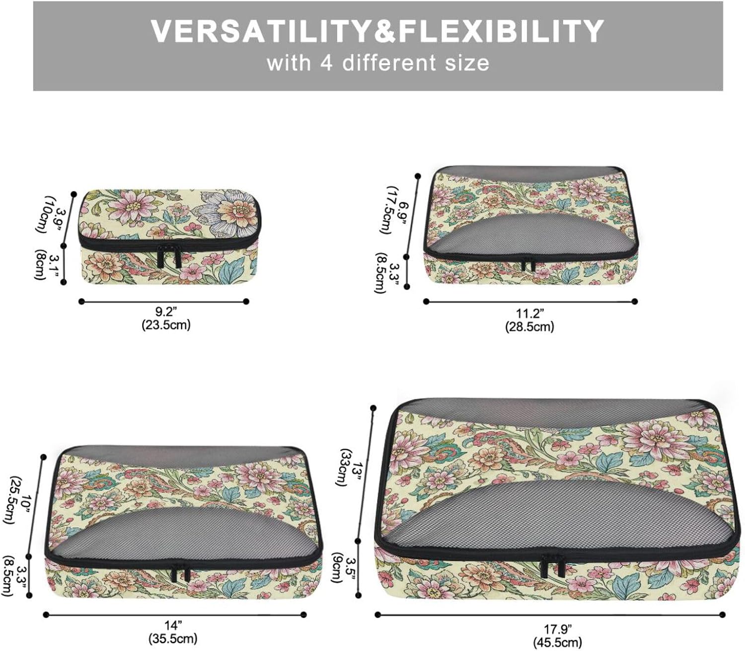 Vintage Flower Print Beige 4 Pcs set travel organizer bags Mesh Travel Essentials lightweight compression packing cubes