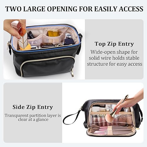 Miniatura 3 de QFDS Bolsa de maquillaje de viaje, bolsa de maquillaje grande y abierta, bolsa de cosméticos espaciosa de cuero, bolsa organizadora de maquillaje