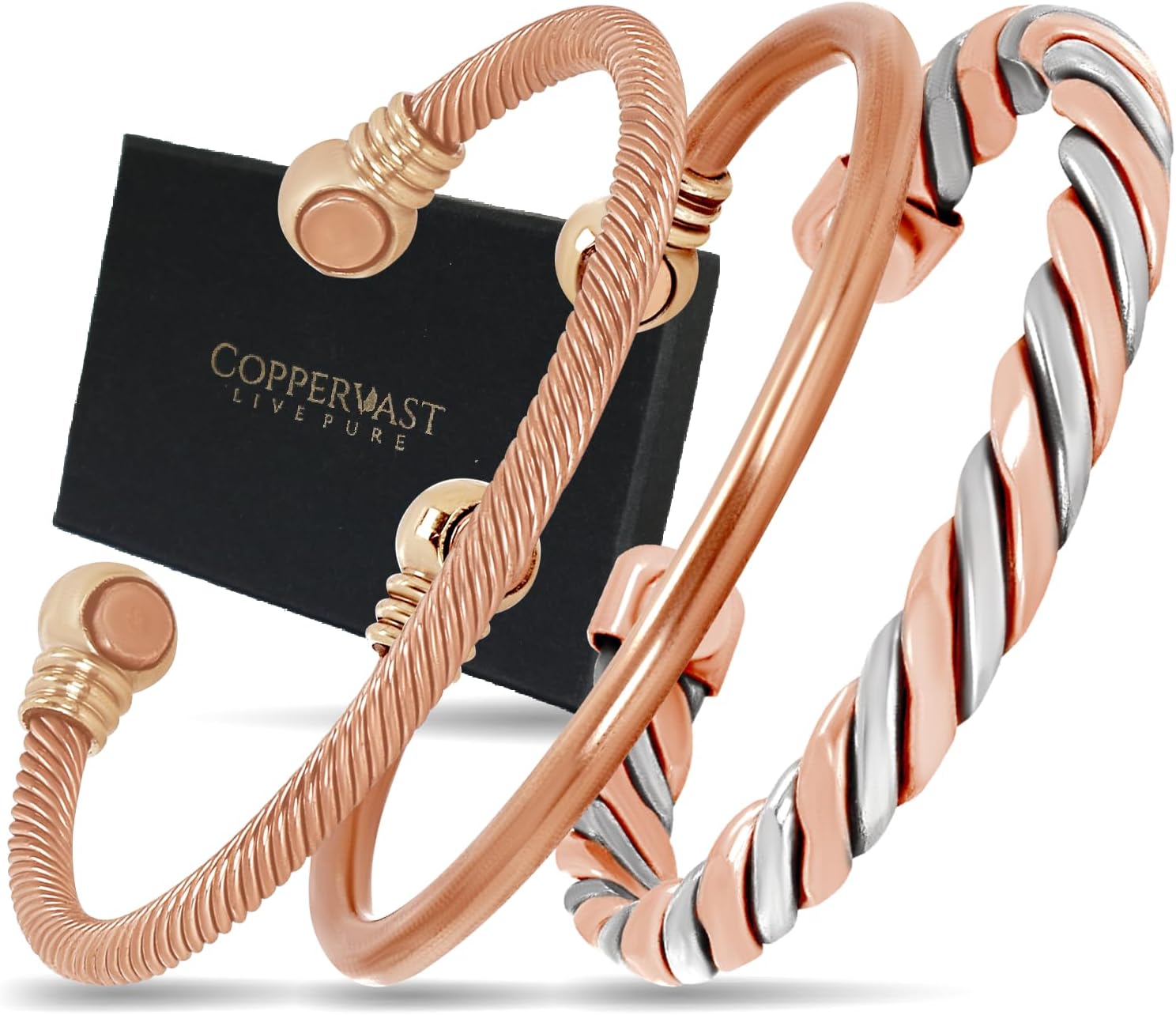 Coppervast Copper Bracelets- for Men and Women| Set of 3 with Gift Bag |Handmade 100% Copper