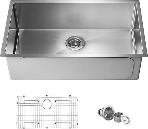 KIBI Fregadero de cocina hecho a mano con estación de trabajo de 33 pulgadas con rejilla inferior y colador, fregadero de acero inoxidable de un