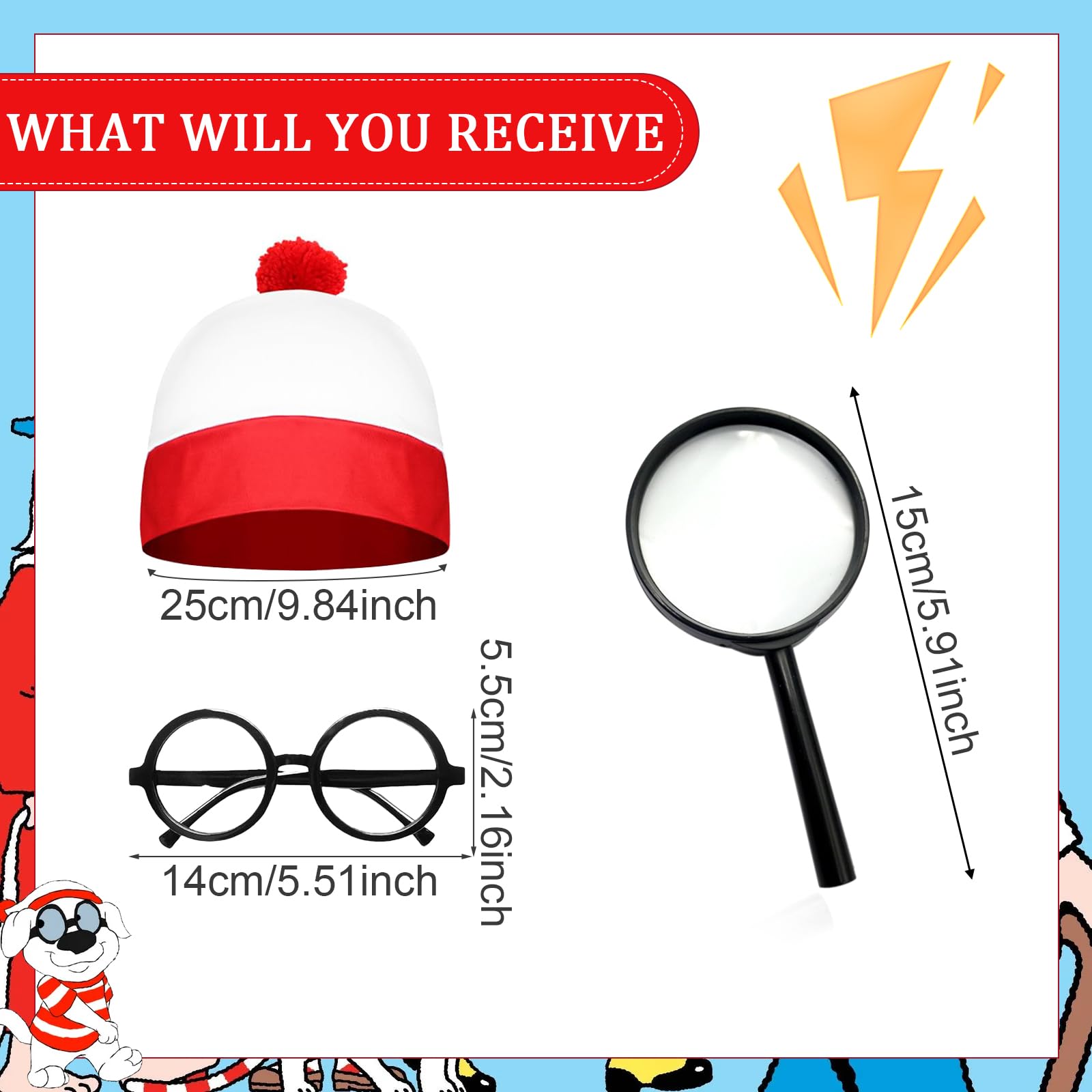 4PCS Wally Costume Set for Women Men Unisex Fancy Dress Accessories with Red and White Striped Long-Sleeve Shirt Beanie Hat Glasses Magnifying Glass for Adults Cosplay World Book Day Halloween - Image 3
