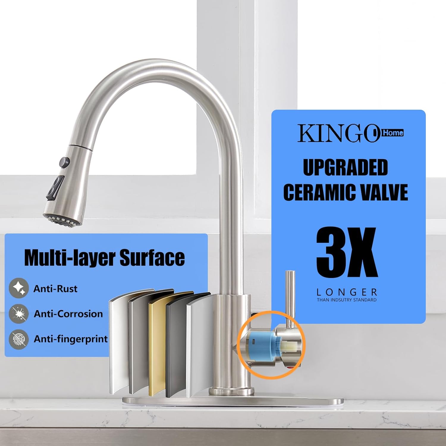 KINGO Kitchen Faucet, Brushed Nickel Kitchen Faucets with Pull Down Sprayer, High Arc Single Handle Stainless Steel Sink Faucets 1 or 3 Hole, Kitchen Sink Faucets for Farmhouse Camper Laundry Rv Bar