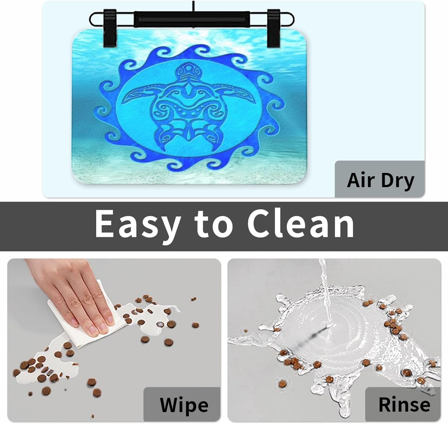 Ocean Blue Tribal Hawaiian Sea Turtle Pet Feeding Mat-Absorbent Quick Dry Pet Cat Dog Food Mat Non Slip Waterproof Rubber Dish Placemat