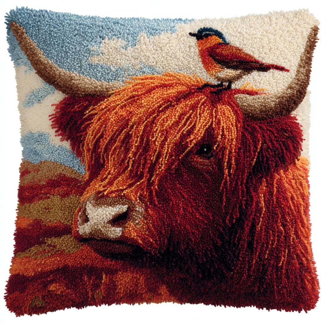 Kitquiver Animal Latch Hook Pillow Kit Fantasy Cow Latch Hook Kit Pillow DIY Rug Crochet Hook Cushion Making Kits with Preprinted Pattern Canvas 17x17In