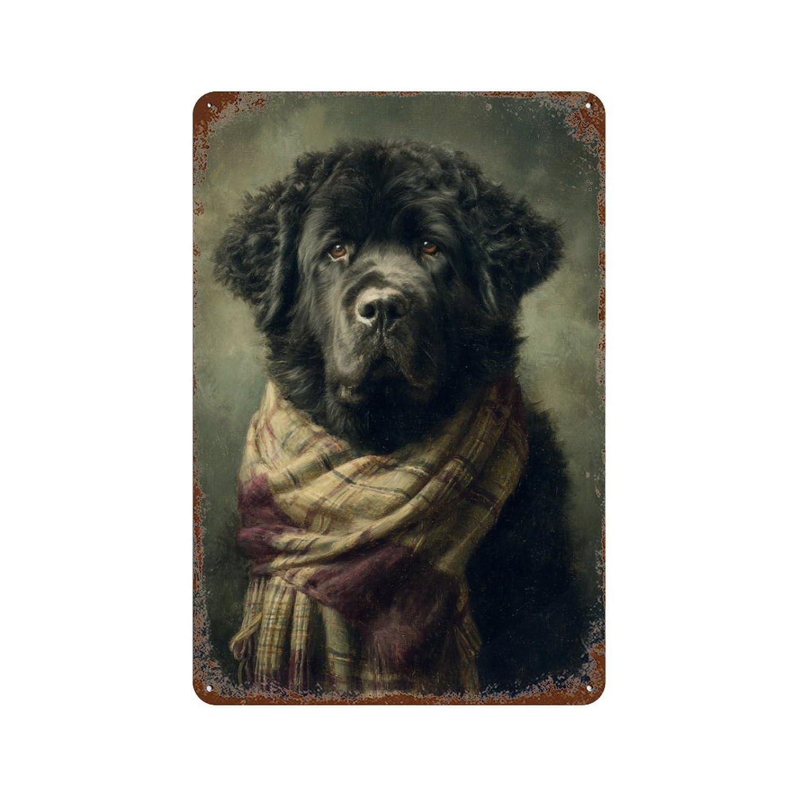 Black Dog with Plaid Scarf Rustic Tin Plaque 11.8"x7.9", Vintage Wall Decor for Garage, Pub Or Kitchen