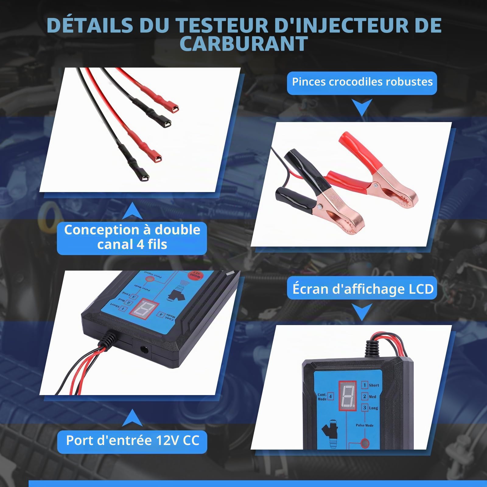 Testeur d'injecteur de carburant de voiture 12 V - 8 modes d'impulsion - Appareil de diagnostic d'injection de carburant avec 4 adaptateurs de tuyau