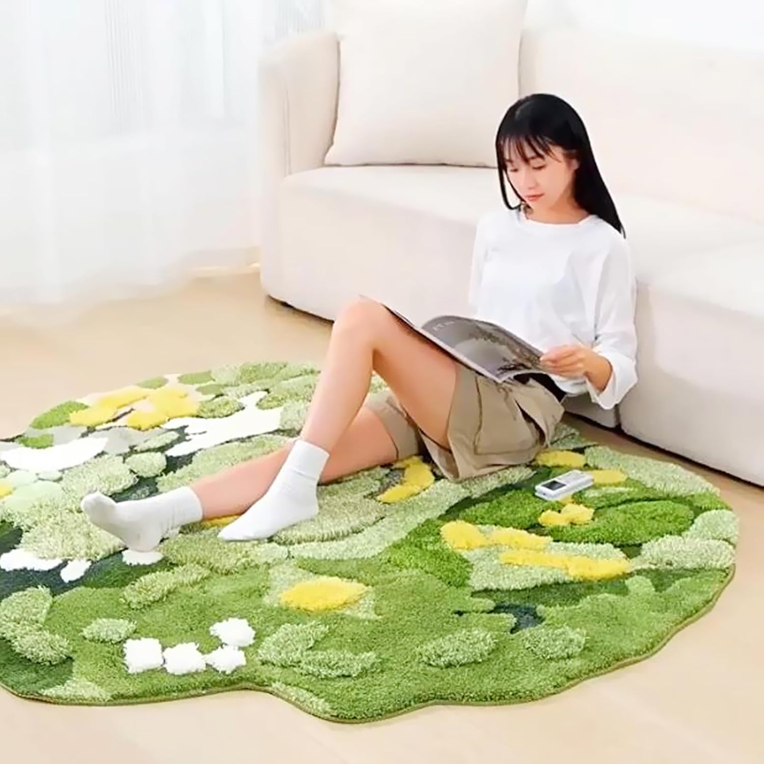 UKELER Soft Shag Round Rug for Kids Cute Moss Home Decor Non Slip Washable Area Rugs for Bedroom Bedside Laundry Room Playroom Bathroom 41.3''x39.3''