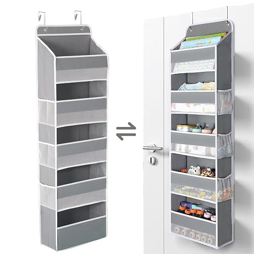 1 Pack Over The Door Organizer with 5 Bins & 6 Side Pockets, Hanging Storage for Baby Room Essentials, Small Bedroom, Bathroom, Non-Tilt Closet Organizer for Extra Storage, 44lbs Capacity, Grey