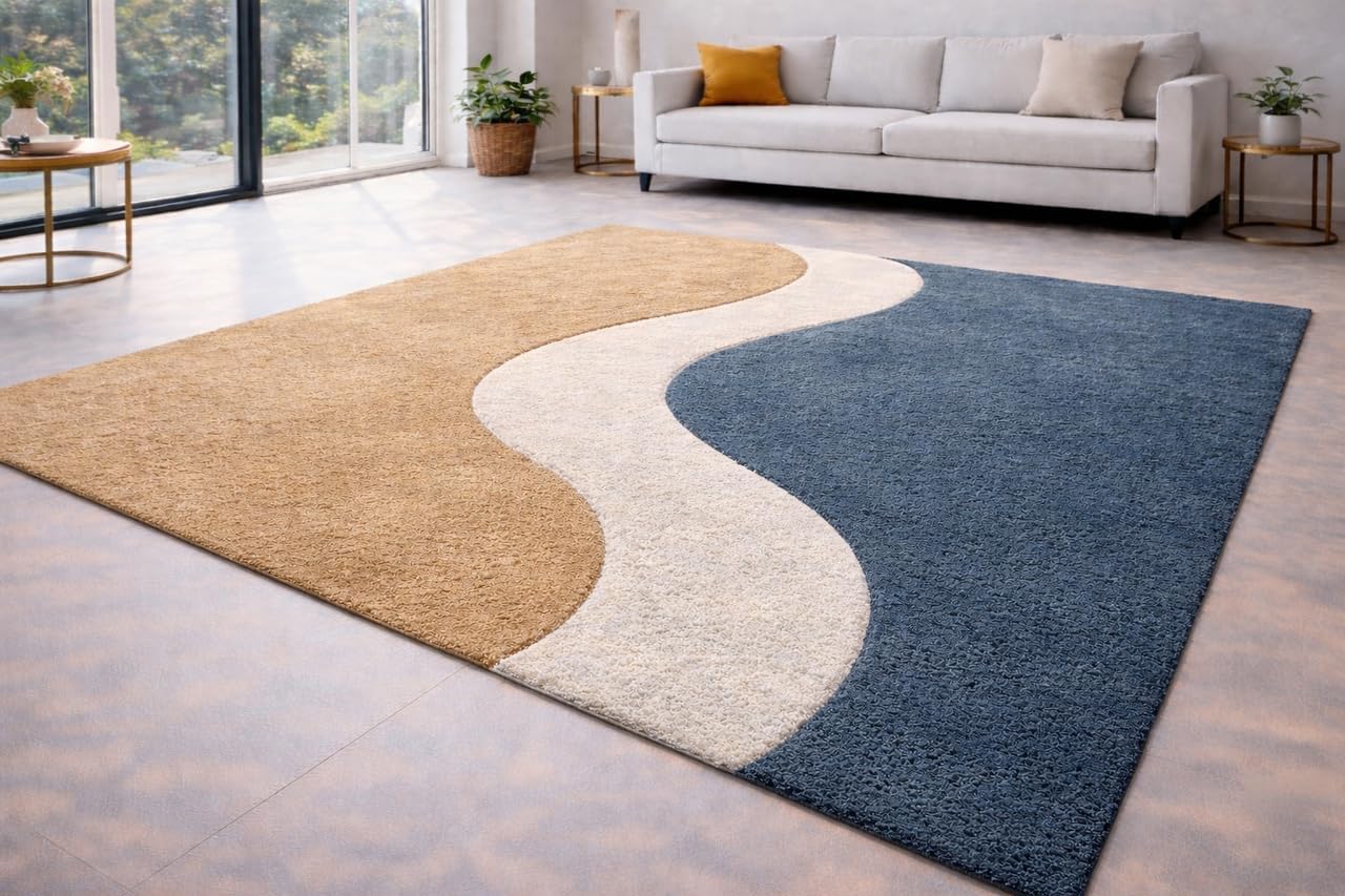 Hand-Crafted Premium Wool Area Rug Geometric Wave Fusion Design for Living Room, Bedroom, Dining Room, Hall & Office Decor 8 x 12 Feet Gold/Navy