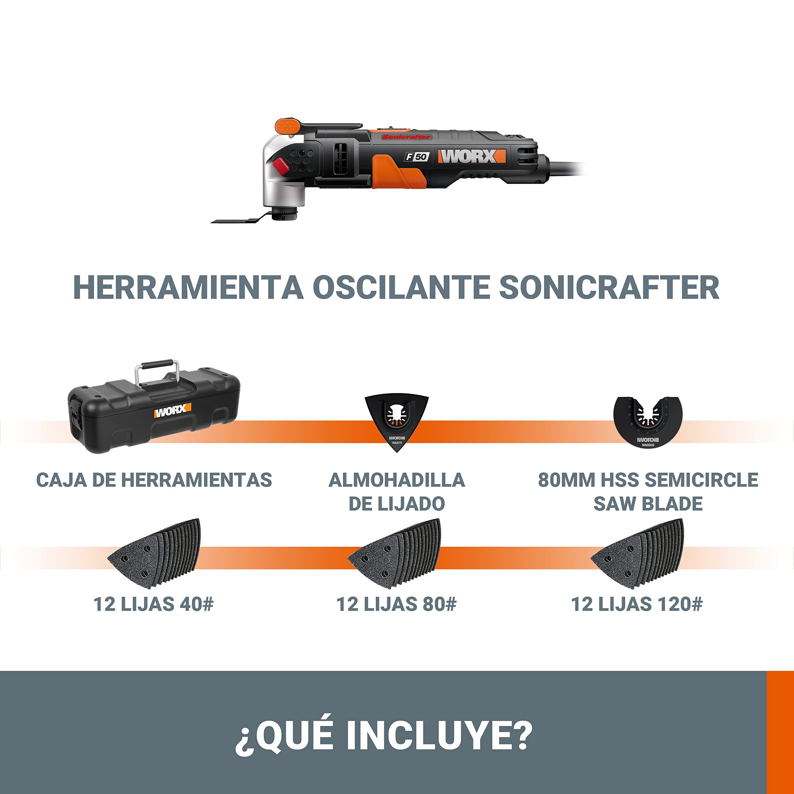 WORX WX681 Multiherramienta oscilante Sonicrafter, 450W, 5º de oscilación, velocidad variable, sistema Hyperlock, 39 accesorios incluidos, maletín, para corte, lijado y reforma