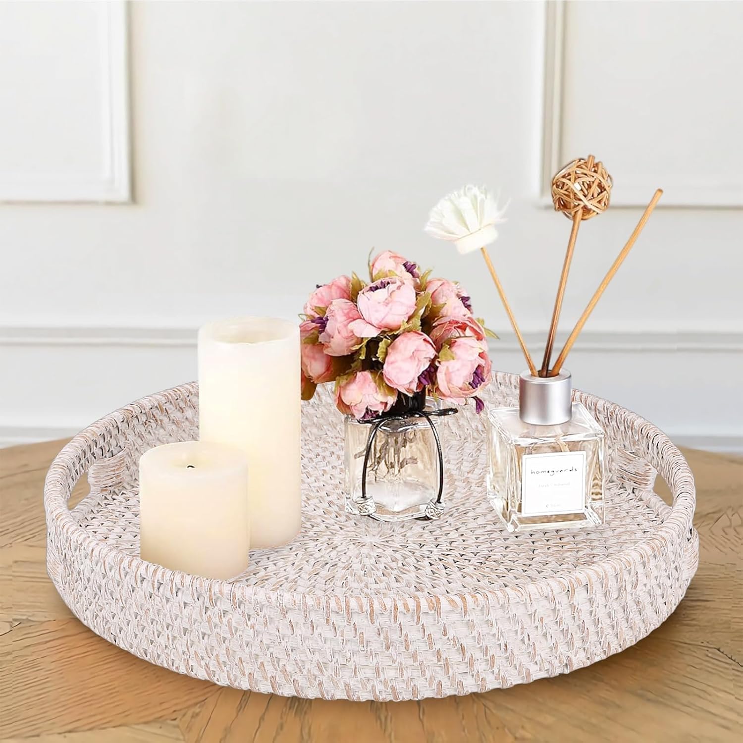 Round Rattan Serving Tray with Handles,Decorative Coffee Table Tray,Wicker Serving Tray for Kitchen, Perfect for Home Organization