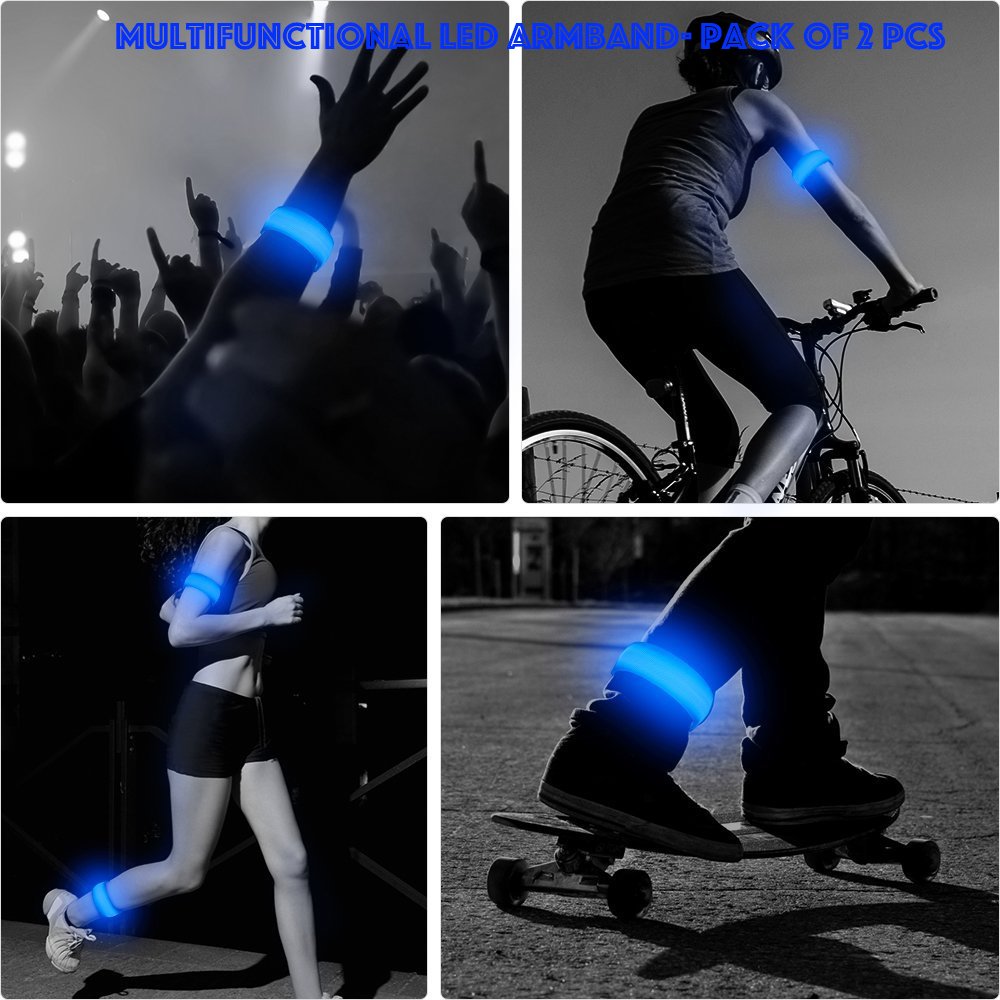 Banda para brazo 2 paquetes  (TM), led brillantes, alta visibilidad nocturna para corredores, ciclistas y aquellos que salen a pasear a su mascota, Azul, M 7