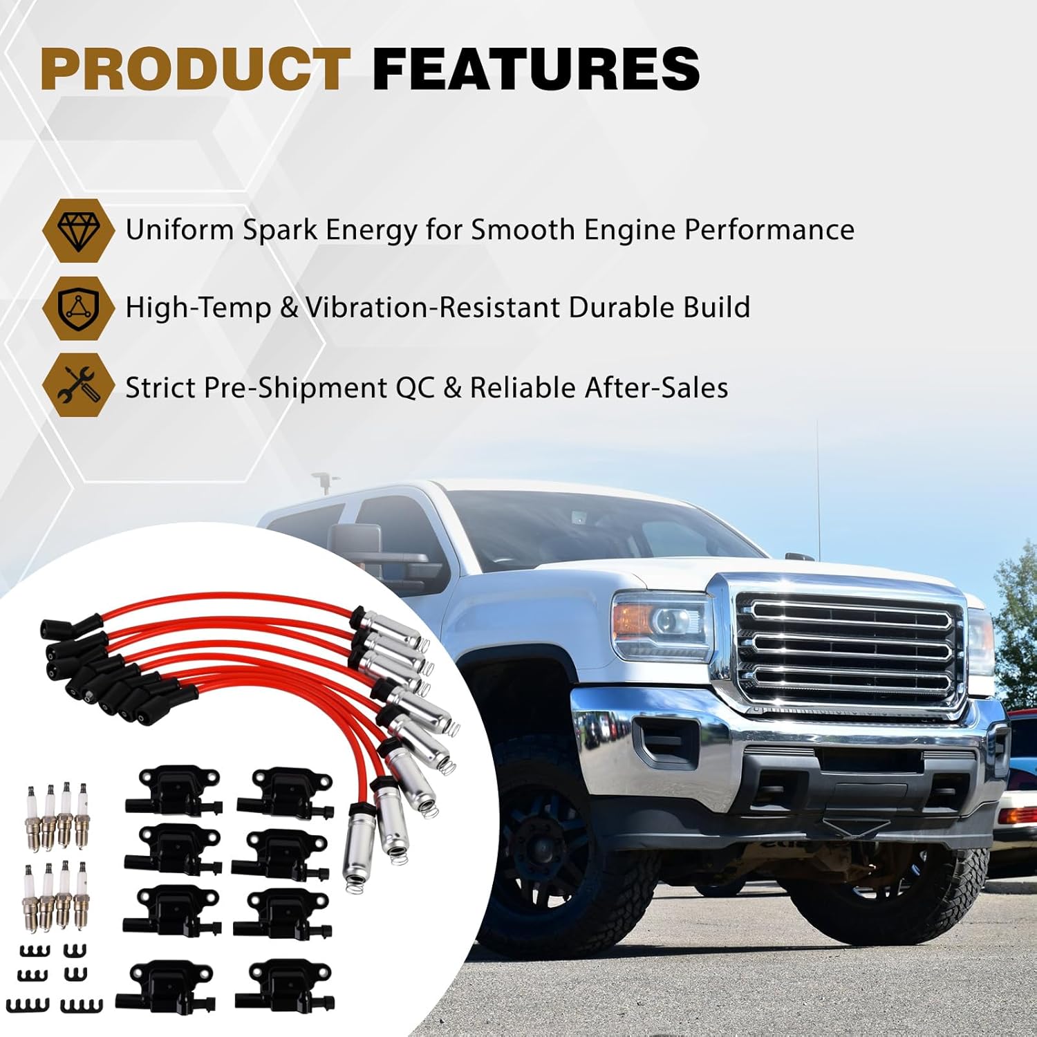 8 Pack UF413 Square Ignition Coils 41962 Spark Plugs and 48322R Wires Compatible with Chevy Silverado Tahoe Cadillac GMC Escalade Express Avalanche Savana 4.8L 5.3L 6.0L 6.2L Replace 12570616