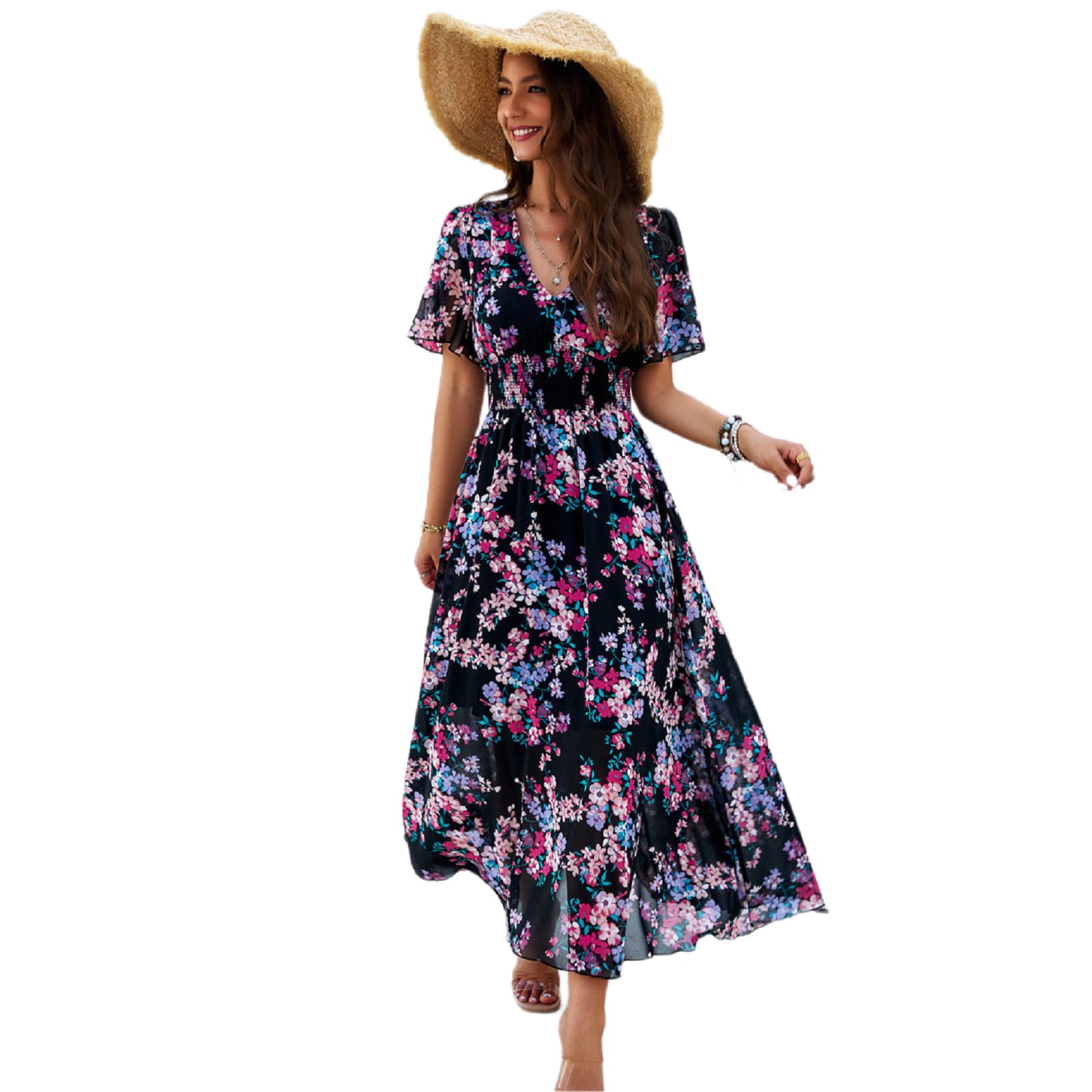 Women's Summer Boho Printed Floral Dress V Neck Short Sleeve Maxi Dress High Waist A Line Boho Beach Dresses 2025