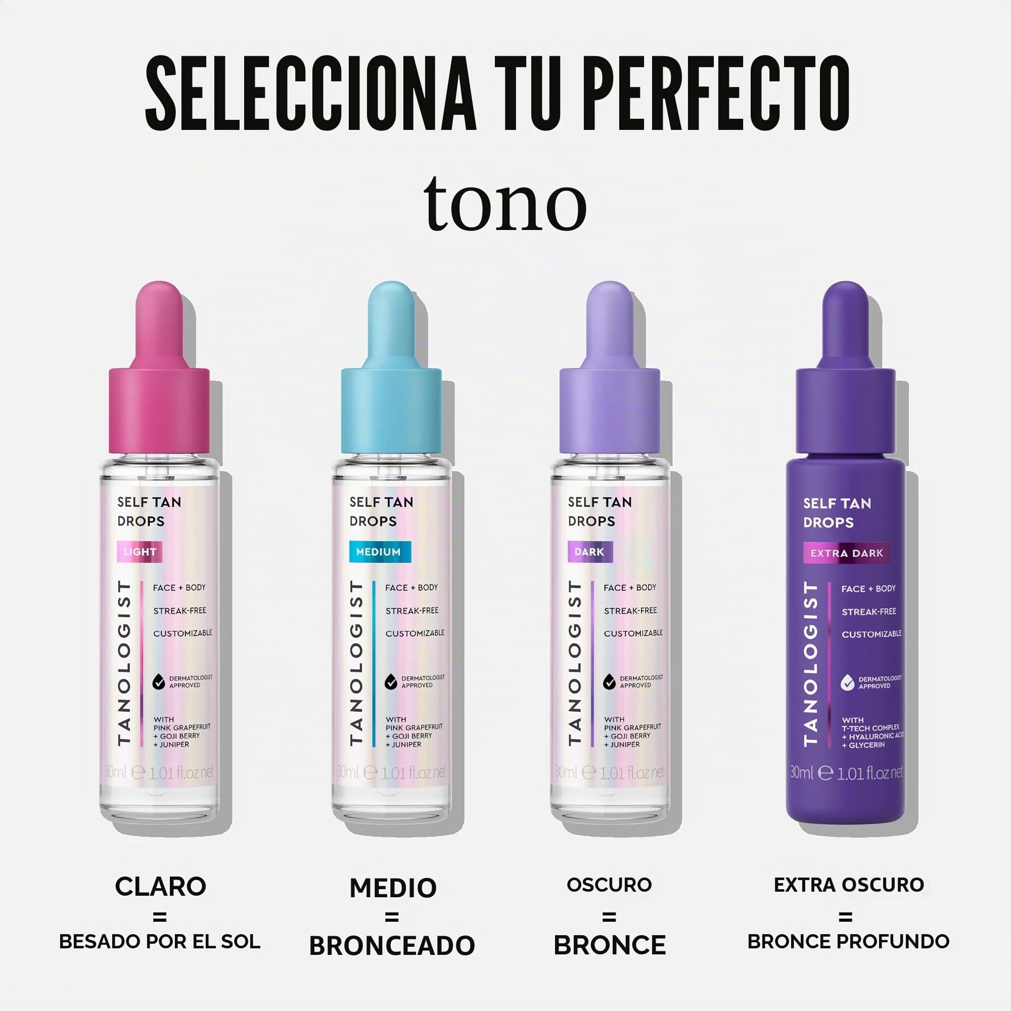 Tanologist Gotas Autobronceadoras Mediana (30 ml) Añade gotas autobronceadoras al cuidado de la piel, aptas para pieles sensibles. Ingredientes limpios aprobados por dermatólogos y veganos