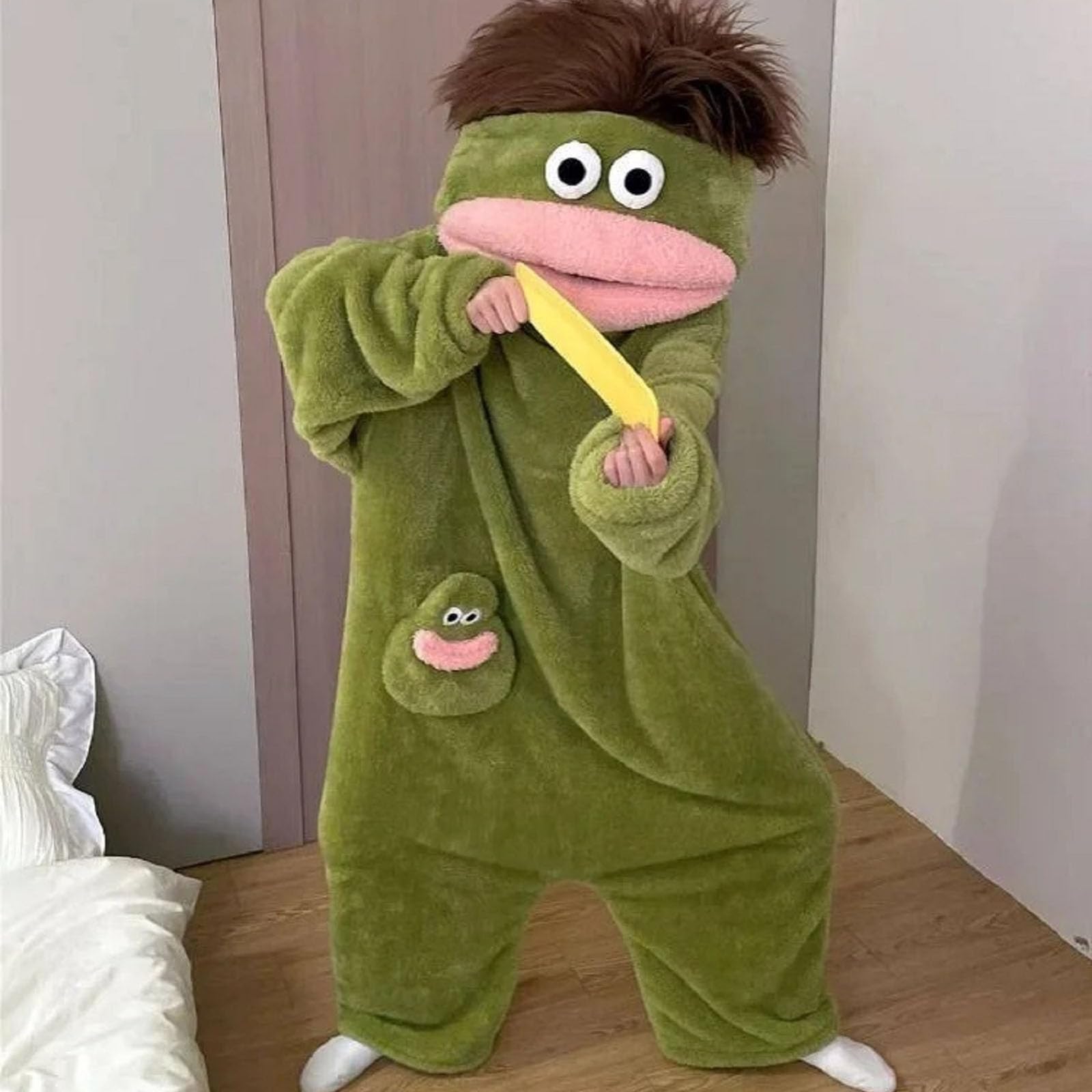 Silly Onesie Sweat à capuche amusant en polaire ultra douce pour la maison Motif monstre vert