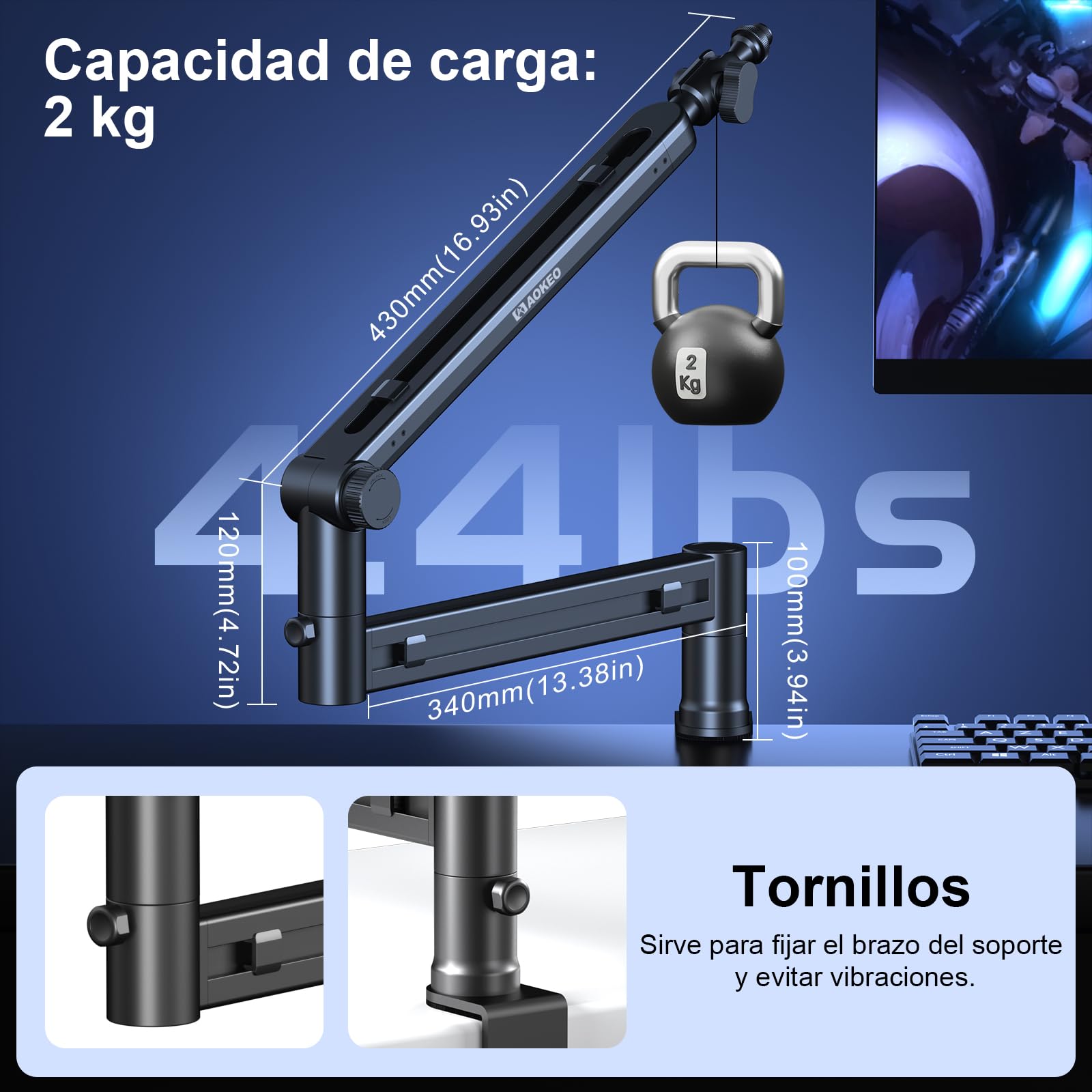 Aokeo AK-58 - Brazo de micrófono ajustable de perfil bajo, adecuado para Blue Yeti, Snowball iCE, HyperX QuadCast, SoloCast, Elgato Wave, etc