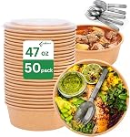 Disposable Paper Salad Bowls w/Lids 750ml to Go, 50PK Take Out Food Containers with Lids Non-Spill, 25 OZ Compostable Meal Prep Food Container for Restaurant Family Lunch Catering