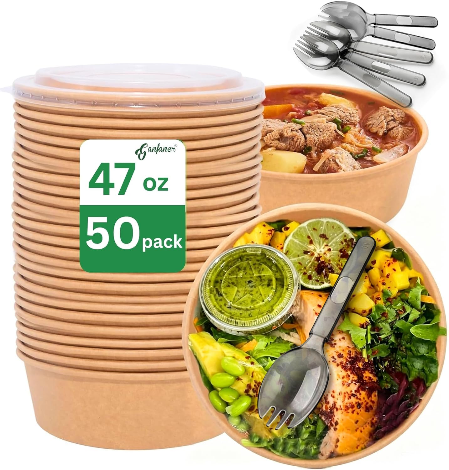 Cuencos de papel redondos desechables de 48 onzas, extra grandes, 50 juegos, caja de contenedores de alimentos para preparación de comidas con tapas y tenedores, cuencos de ensalada a prueba