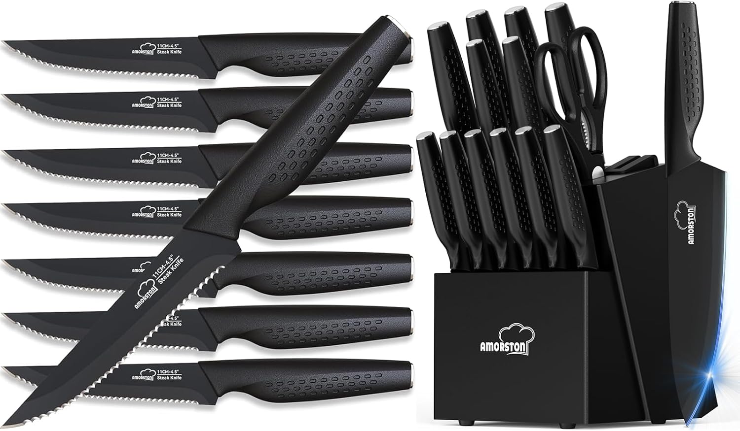 Amorston Steak Knives Set of 8 and 15 Pieces Kitchen Knife Set with Block and Sharpener