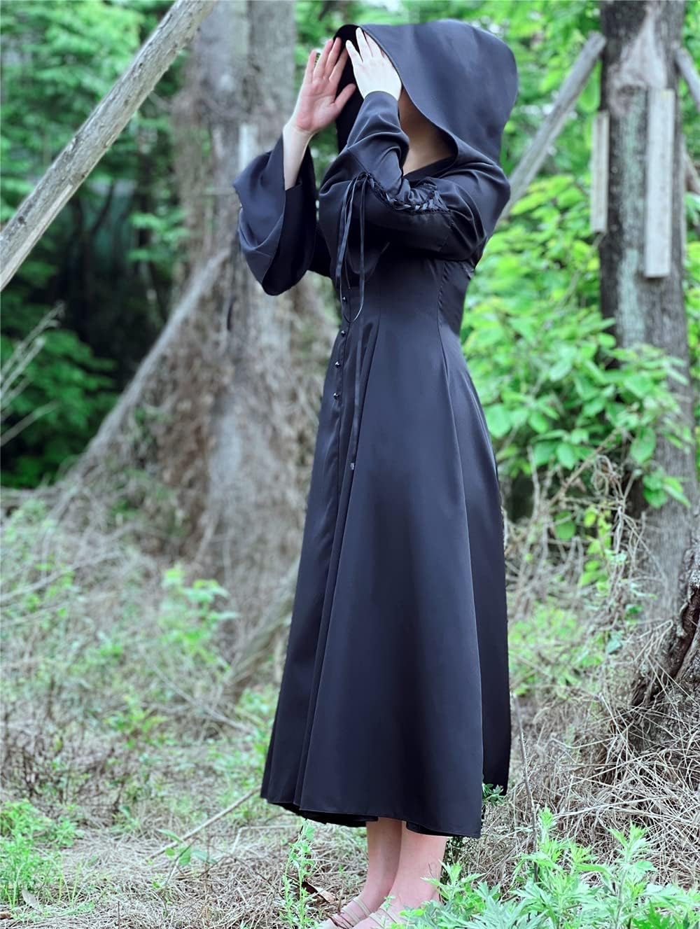 Gothic Hooded Witch Dress for Women Black Victorian Halloween Cospaly Costume Vampire Medieval Renaissance Dresses - Image 2