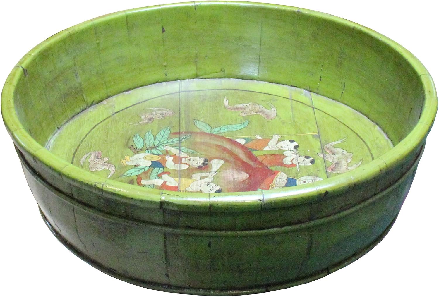 Chinese Vintage Distressed Green Graphic Round Shape Wood Bucket Acs5092