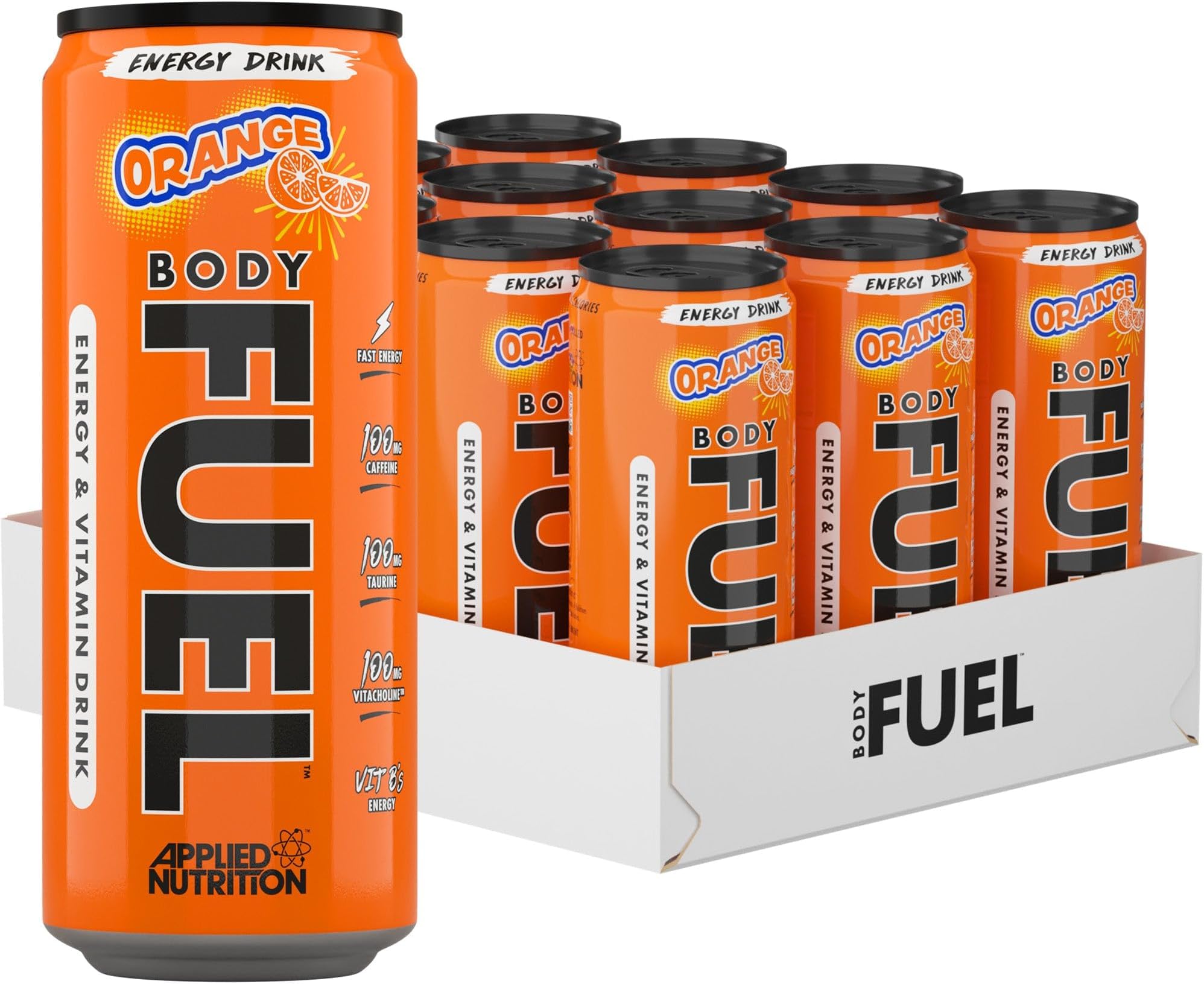 Applied Nutrition BodyFuel Energy & Vitamins Drink - Fast Energy, Energy Drink, Sugar Free with Caffeine (Pack of 12 Cans x 330ml) (Orange)