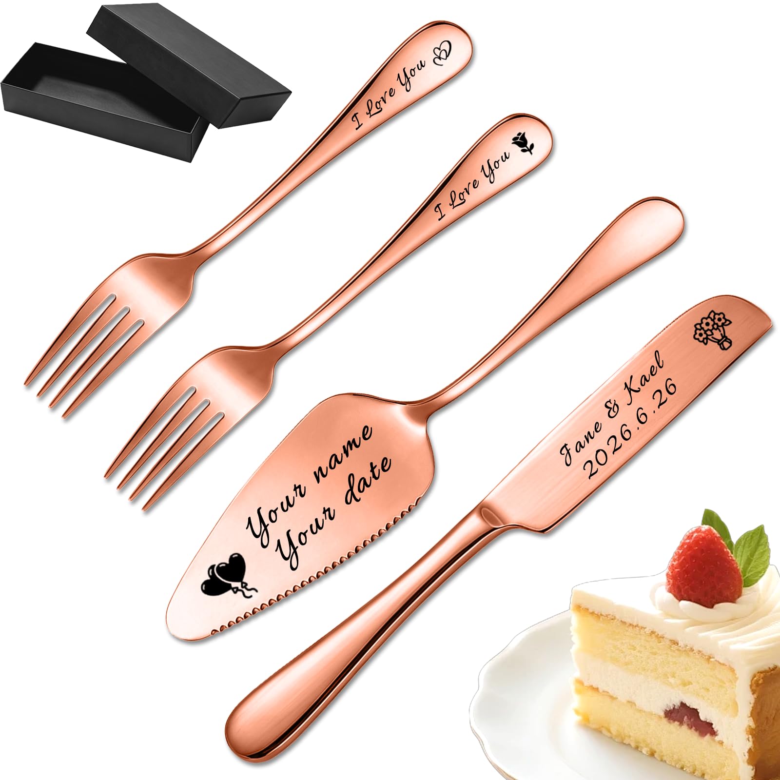Azvccea Personalised Wedding Cake Knife and Slice Set Custom Engraved Cake Cutter Spatula Set for Wedding Reception Anniversary Birthday Bridal Shower (Rose Gold -4Pce)