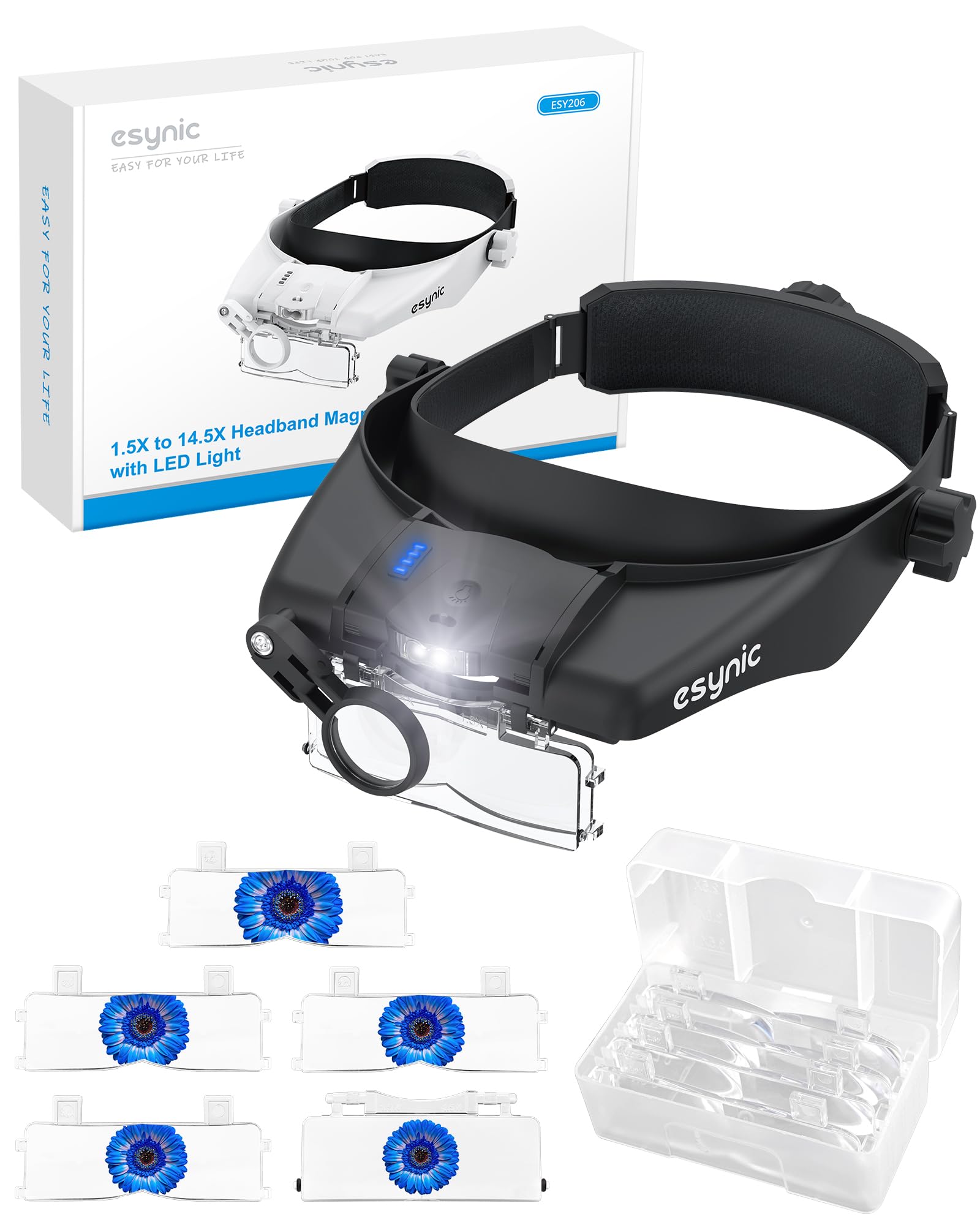 eSynic Gafas de Lupa Recargable con Luz Lupas de Gran Aumento 1.5X-13X con 5 Lentes Ajustable Gafas de Aumento Lupa con Control Táctil e Indicador de Batería para Manualidades,Leer,Coser,Joyería