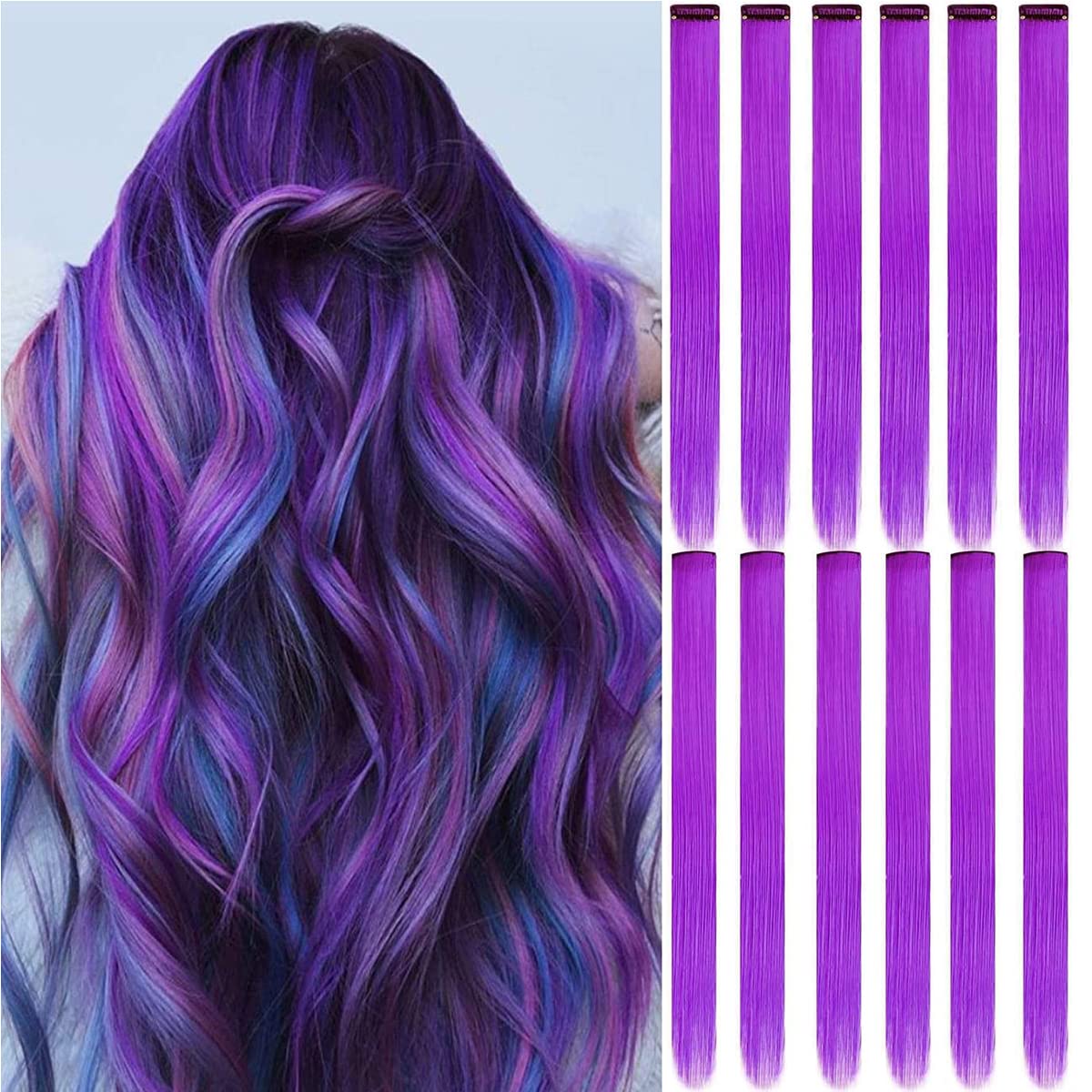 12 PCS Purple Extensions Clip in, Colorful Clip in Hair