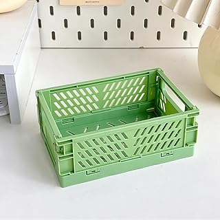 Mini Foldable Plastic Storage Bins – Desktop Organizer Basket for Stationery, Washi Tape, Office Supplies, Makeup, Snacks – Collapsible Storage Crates for Students, Home, Dorm-Green