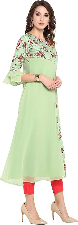 Janasya Indian Women's Green Floral Print Casual Wear Summer Kurta for Women