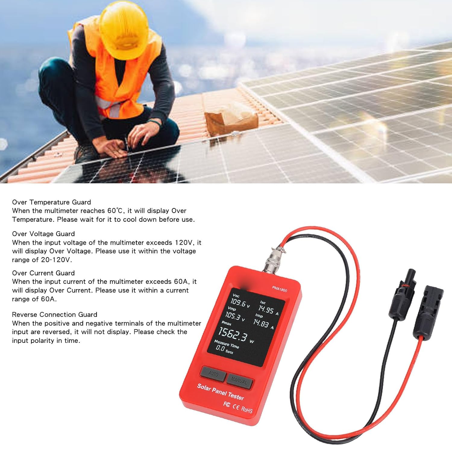 Zerone 1800W Solar Panel Tester, Photovoltaic Multimeter MPPT Meter with Large LCD Screen and EVA Bag, for Solar PV Panel Testing Data Analysis MPP Voltage Current Measuring