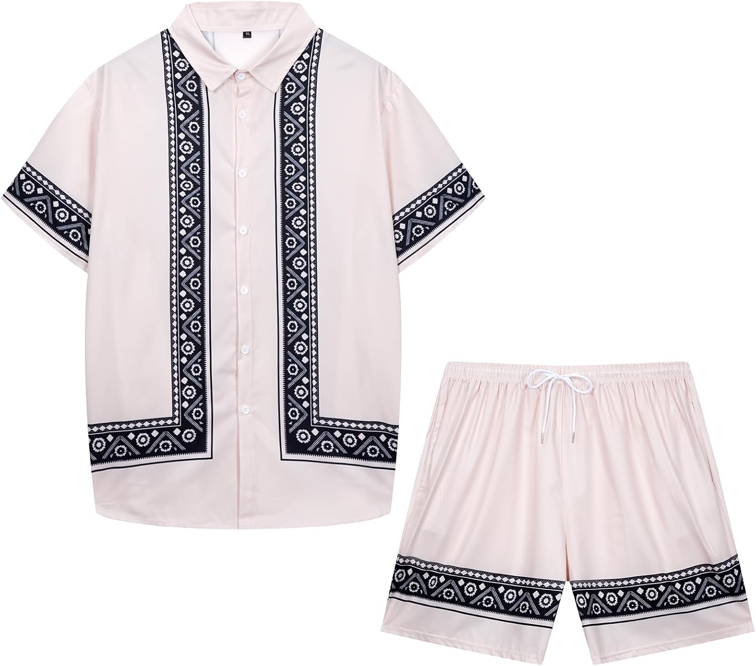TOLOER Men’s Ethnic Style Vacation Beach Outfits Button Down 2 Pieces Summer Shirt and Short Sets XL
