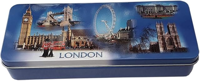 Blue Sky London Photo Collage Metal Pencil Case - Big Ben - Tower Bridge - Buckingham Palace - Westminster Abbey - Eye - Royal Guard - Red Double Decker Bus - British UK Souvenir for School or Office