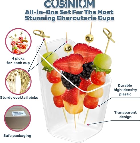 Miniatura 3 de CUSINIUM 50 tazas + 200 púas de plástico de 5 onzas con palillos de cóctel (2 tipos), desechables transparentes