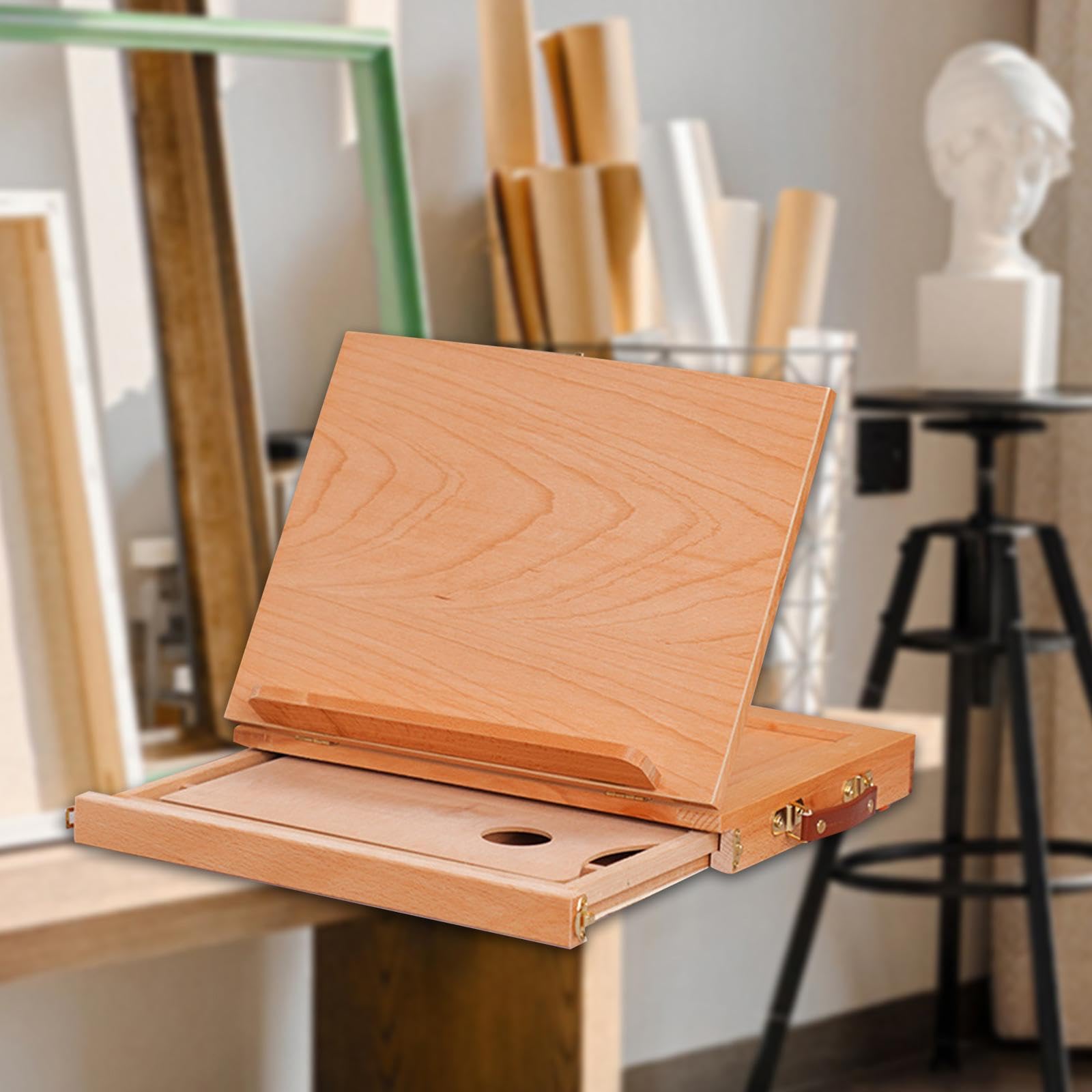 kesurpae Chevalet de table compact en bois, boîte de rangement pour matériel d'art, facile à transporter pour les séances dessin et peinture. Boîte à croquis bureau pliable avec un rebord, Beige, S